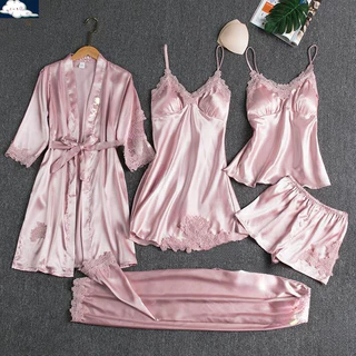 5 Peças de Roupão de Seda Pijamas Femininos com Renda Conjunto de Vestido com Camisola de Alças em V em Oferta na Shopee