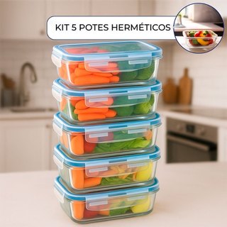 Kit 10 OU 5 Pote de Vidro Hermético Retangular 4 Travas Marmita Fit Microondas Mantimentos