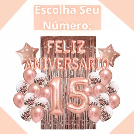 Kit FELIZ ANIVERSARIO ESCOLHA SEU NÚMERO Rosê Gold Festa Completa com Balões Cortina e Itens Decorativos