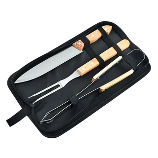 Kit Churrasco 3 Peças Inox com Estojo Faca Garfo e Pegador Cabos de Madeira para Presente