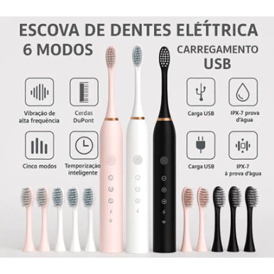 Escova de Dentes Elétrica IPX7 com 4 Cabeças de Reposição Inteligente à Prova D'água