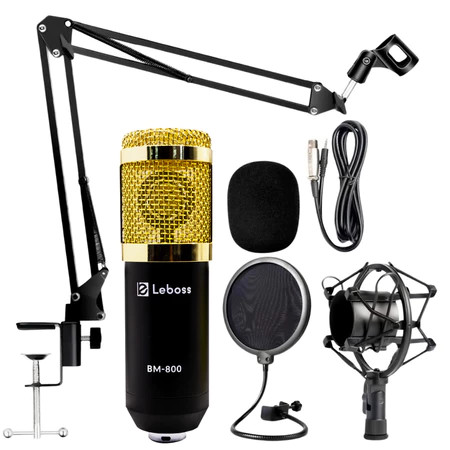 Kit Microfone Condensador Profissional Estúdio de Mesa para Criador Podcaster
