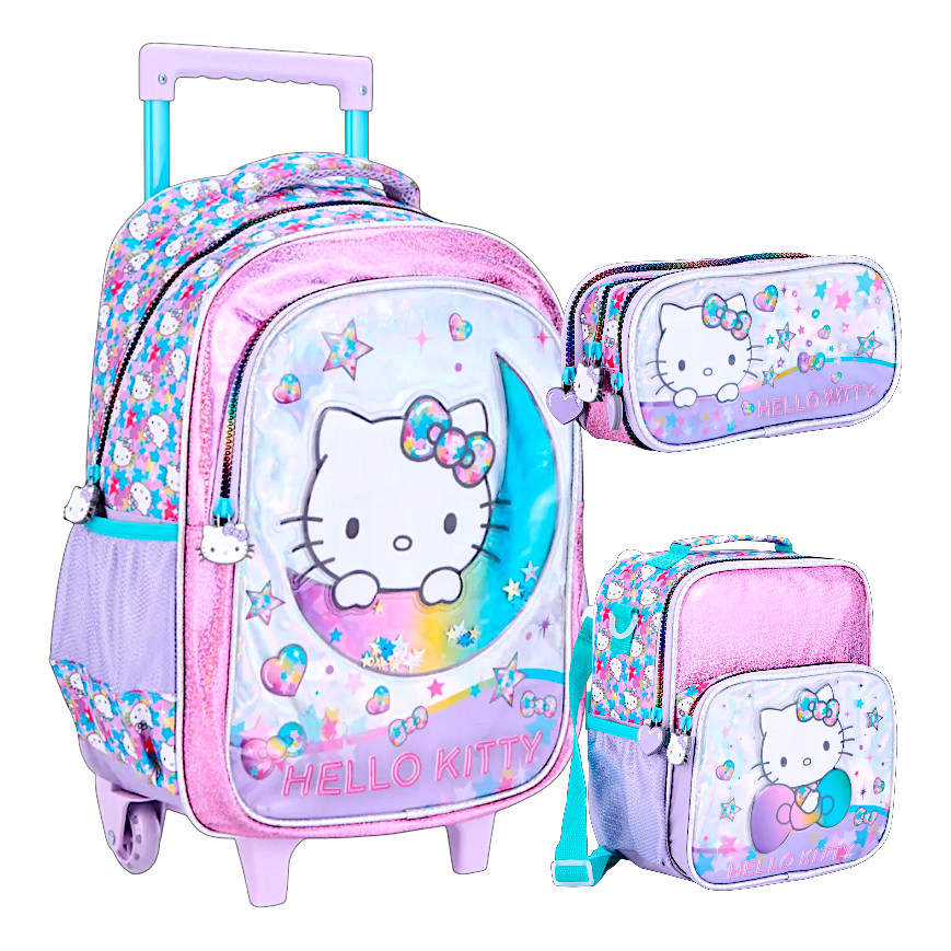 Kit Mochila Com Rodinhas Hello Kitty Lancheira Estojo Triplo luxo