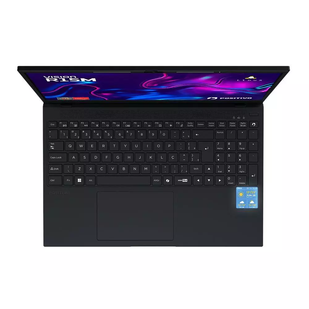 Vista superior do notebook Positivo Vision R15M exibindo o teclado e a mini tela integrada no lado direito