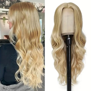 Peruca Lace Wig Loira Clara Ondulada Sintética Bio Fibra Macia 60cm 230g Top Hair