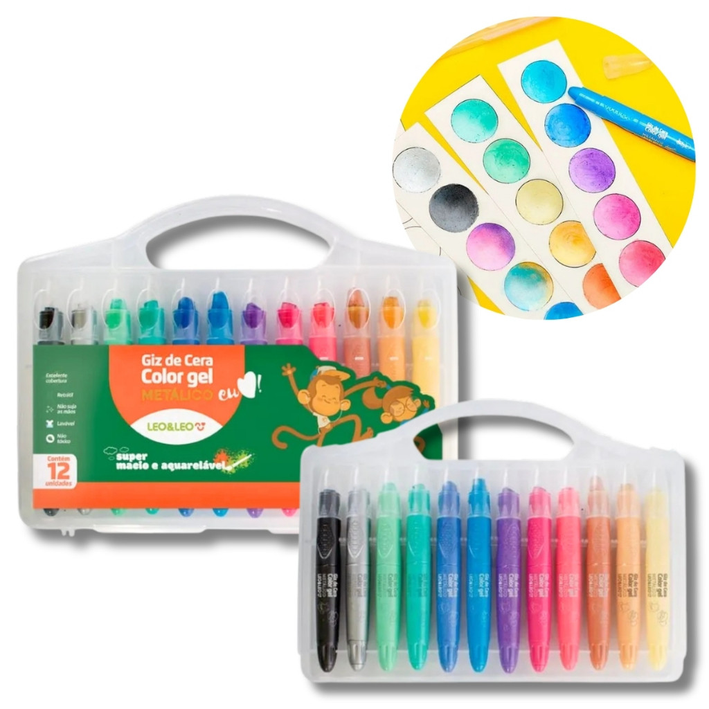 Giz Color Gel Retrátil Giz de Cera Escolar Para Desenhar Colorir Kit 12 ...