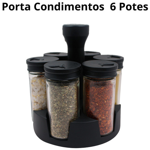 Porta Temperos Condimentos Giratório 6 e 9 Potes Vidro 90G com Tampa Dosadora + Etiquetas Adesivas — foto 1 — Achou Levou Brasil
