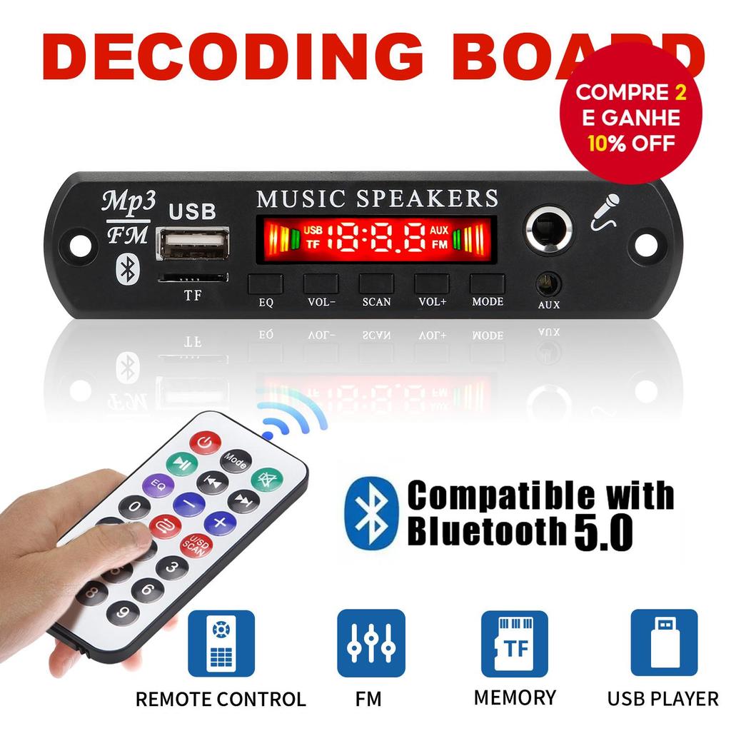 Bluetooth 5.0 12V MP3 Car Player USB Microfone Mãos-Livres Gravação TF Rádio FM Memória De Energia