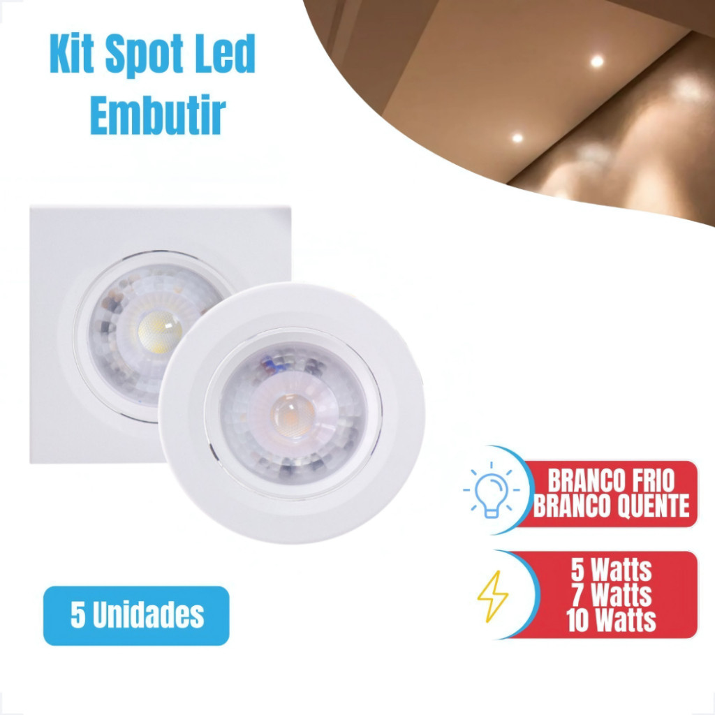 Luminária Led Spot 5w 7w 10w Quadrado Redondo Embutir Branco Frio Quente Bivolt Gesso VANT3