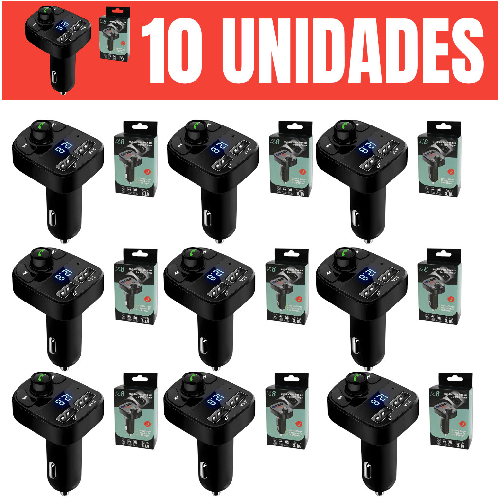 Atacado Kit 10 Carregador Carro Transmissor Fm Bluetooth Veicular Mp3 Rádio