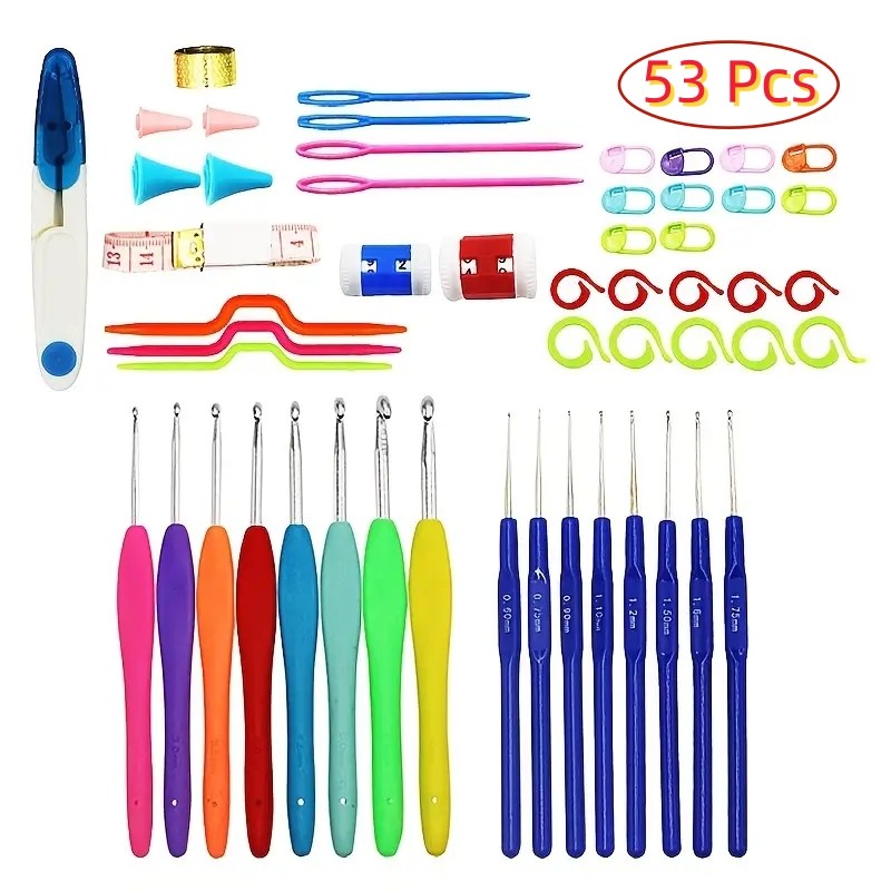 KIT CROCHÊ COMPLETO FERRAMENTAS AGULHAS, TESOURA - 53 PÇS