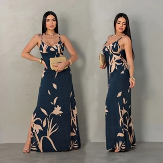 VESTIDO FEMININO LONGO, Com Fenda, Amarração nas costas- Alça Ajustável -Tecido VISCOLINHO em Oferta na Shopee