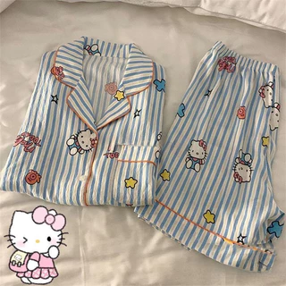 Sanrio Cute HelloKitty Pijamas Feminino De Verão Manga Curta Listrada Conjunto De Calções Japoneses em Oferta na Shopee