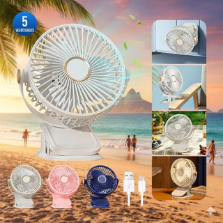 Ventilador de Mesa Portátil 5 Velocidades com Luminária LED Recarregável – Ideal para Escritório e Viagens