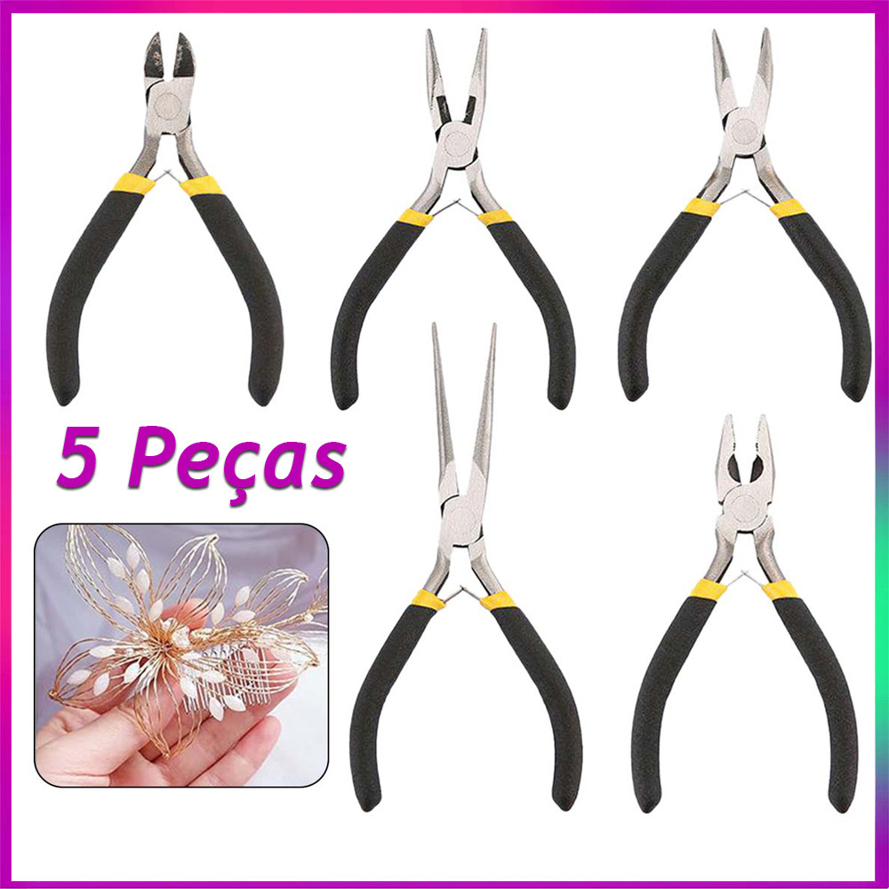 Conjunto de alicates de joias de 5 peças: alicate de ponta redonda, alicate de fio, alicate de crimpagem, alicate de nar