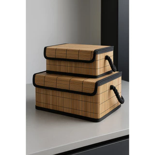 Kit 2 Cestos Organizadores Com Tampa Luxo Caixa Bambu Organizador Detalhe Preto Multiuso Armario Quarto Sala em Oferta na Shopee