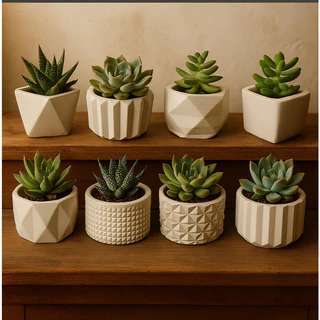 KIT 8 UNIDADES DE VASINHO DECORATIVO DE GESSO, CACTUS E PLANTAS ARTIFICIAS.