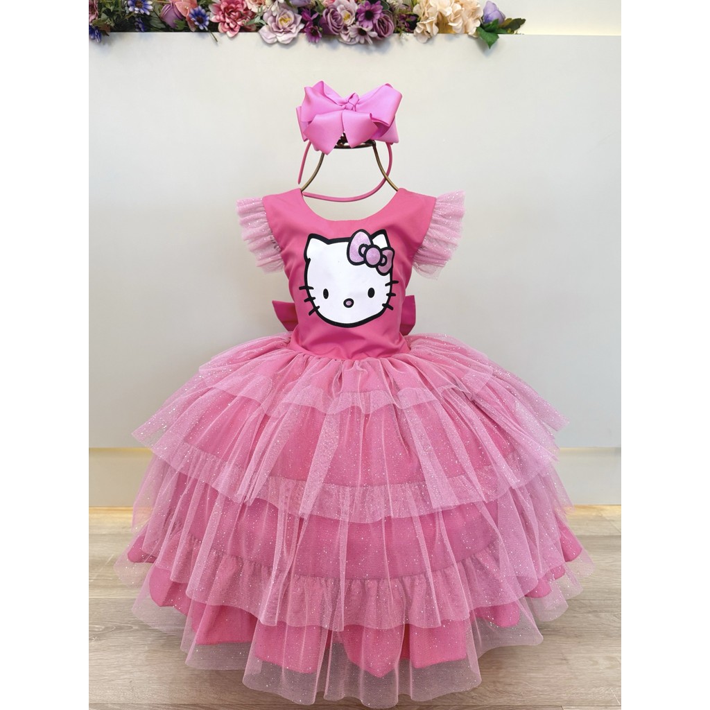 Vestido Infantil Rosa da Hello Kitty Saia C/ Glitter Festas | Shopee Brasil
