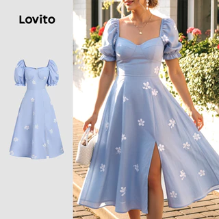 Lovito Vestido Boho Evangélico Com Fenda Azul Para Primavera/verão Feminino LBL30083 em Oferta na Shopee