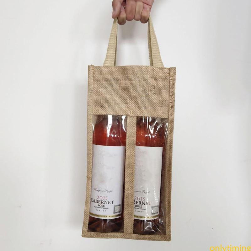 onlytiming Juta Vinho Para Transportadora Sacolas Serapilheira Reutilizáveis Janela Transparente Alças Saco Organ