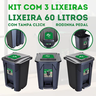 Kit Com 3 Lixeiras Preta 60 Litros Coleta De Lixo Grande Com Tampa Click Com Rodas Para Cozinha