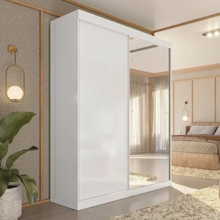 Guarda-Roupa Solteiro 2 Portas de Correr 2 Gavetas e Espelho Peônia Yescasa Branco