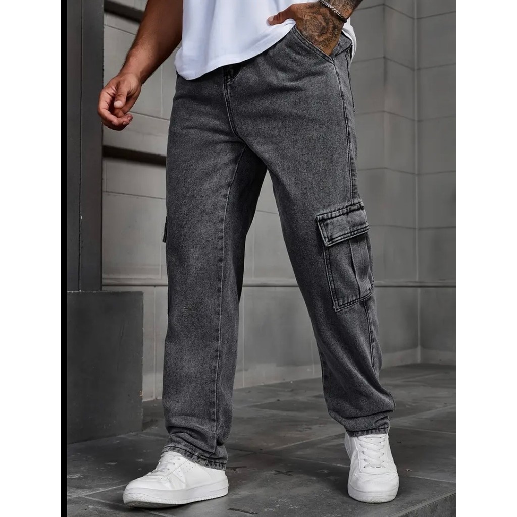 Calça Jeans Cargo Masculina Streetwear Preta Mescla Cinza Grafite 34 Ao ...