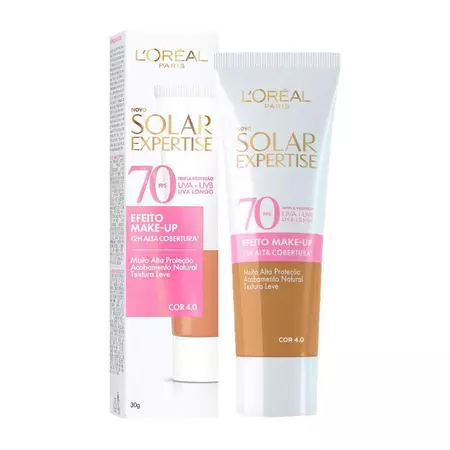 Tubo e embalagem do protetor solar com efeito make-up da L'Oréal, cor 4.0.