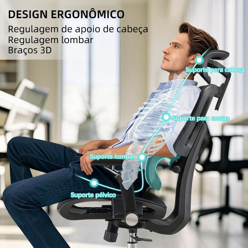 Cadeira Ergonômica para Escritório com Apoio Lombar Ajustável Tecido ...