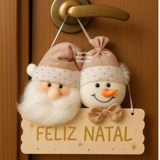 Enfeite Papai Noel Boneco De Neve Com Placa "Feliz Natal" Nude Dourado Decoração Para portas
