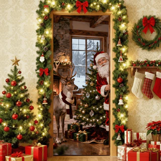 Capa para Porta Tema Papai Noel | Decoração de Natal Cristão | Tecido Premium | Frete Grátis | 85x210cm | Vários Modelos