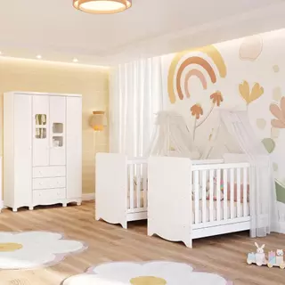 Quarto de Bebê Gêmeos 2 Berços  Americano Ben Guarda Roupas 4 Portas Uli 100%MDF em Oferta na Shopee