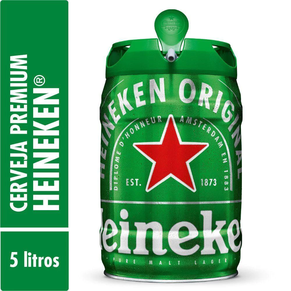 Barril de chopp Heineken de 5 litros com torneira integrada em fundo branco