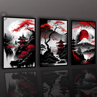 KIT 3 Quadros Decorativos Arte Oriental Moderna Estilo Japonês Sala de Estar Quarto Decoração de Parede