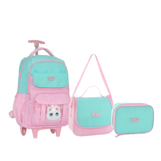 Kit Mochila Escolar Gatinha Personalizada Trolley Rodinha Juvenil Infantil Rosa