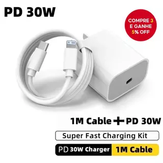 Novo carregador PD Super Rápido de 30W + Cabo de carregamento de 1M disponível com iPhone 6-14 Pro Max e iPad.