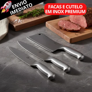 Kit Faca Toda Em Aço Inox Escovado Cutelo N°6 Faca Peixeira N°6 N°7 Cozinha Açougue