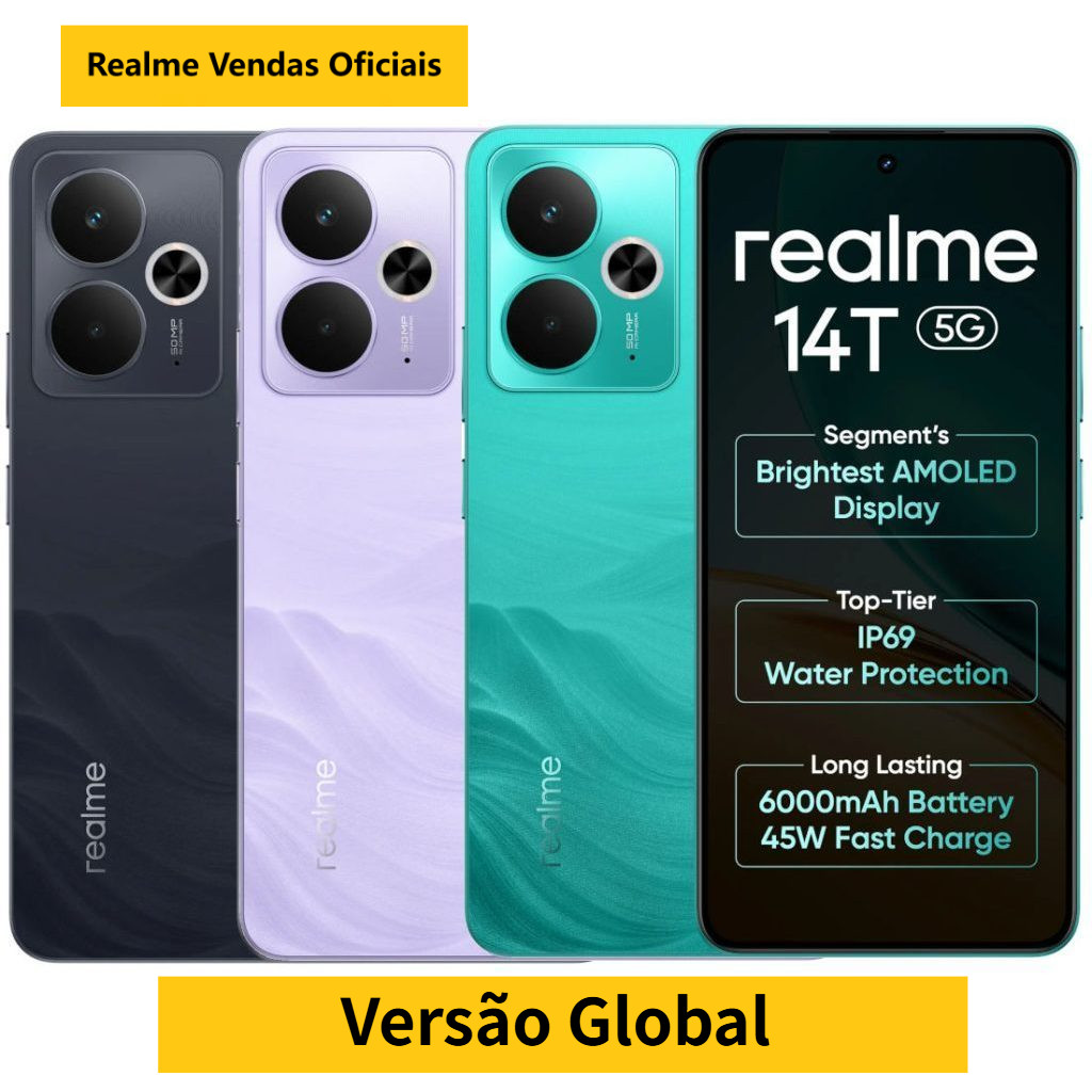 Realme 14T 5G Smartphone 256GB Armazenamento+8GB RAM,Snapdragon6 Gen4,Bateria 6000mAh,Versão Global