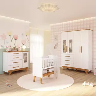 Quarto Bebê Completo  Mini Berço 3 em 1 Guarda Roupas 4 Portas Cômoda 4 Gavetas Retro 100% MDF em Oferta na Shopee