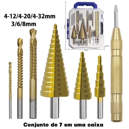 Broca Titânio Escalonada Amarela Aço / Broca Corte Lateral Marcador Punção Com Estojo Organizador P/Metal Aluminio Cobre