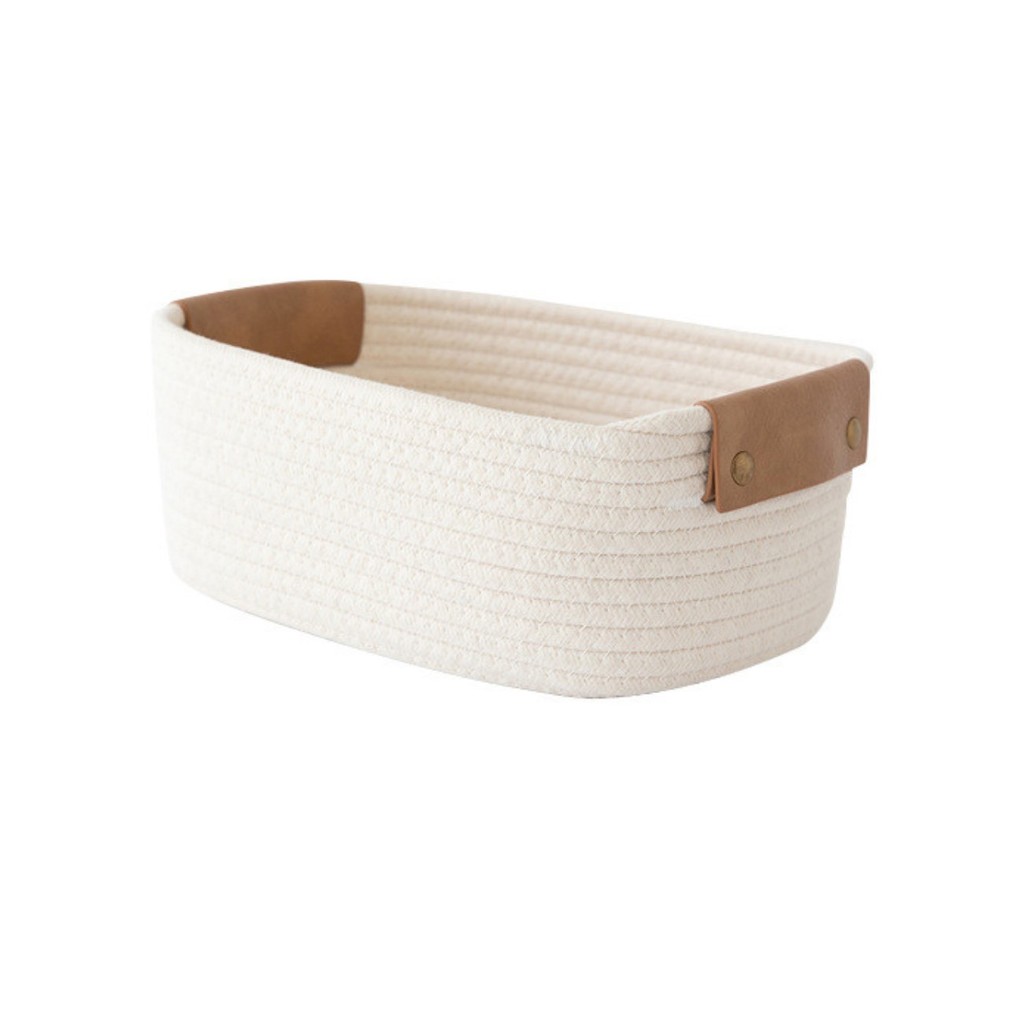 Cesto Organizador Decorativo Algodão Natural Alças Couro 28x22x11cm