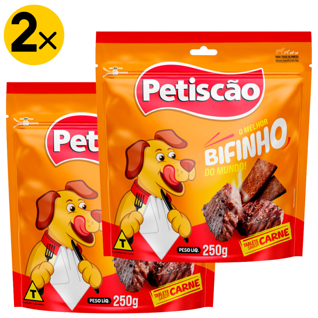 Kit 2 Petiscos Petiscão Tablete Bifinho Mastigável Carne 250 g em Oferta na Shopee