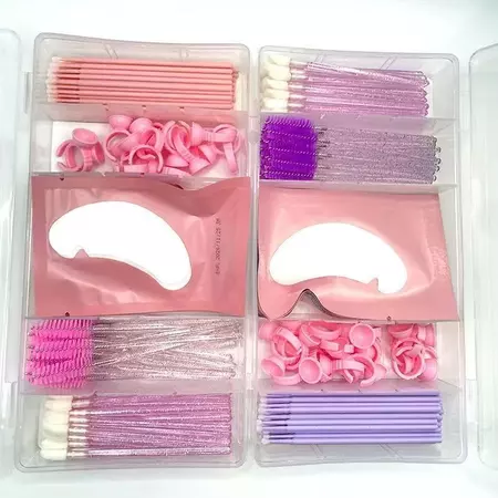 Kit Extensão de Cílios Estojo 5 Divisórias com Escovinhas Microbrush Aplicador Anel e Pads Lash