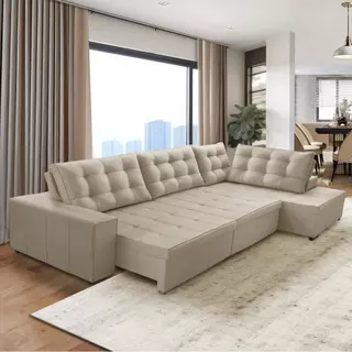 Sofá de Canto Retrátil e Reclinável com Molas 3,00x2,00 Jacke Suede Bege Adonai Estofados em Oferta na Shopee