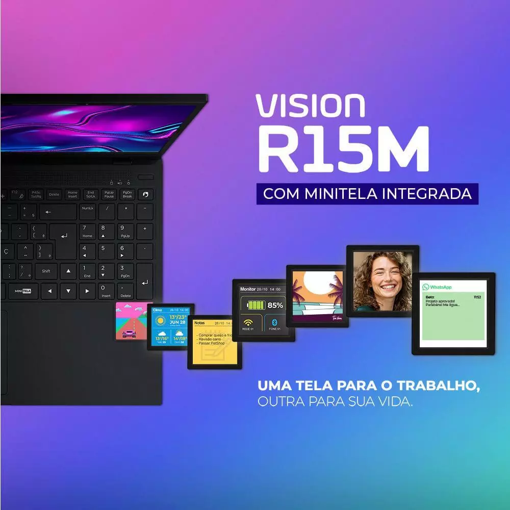 Ilustração demonstrativa das funcionalidades da mini tela do Positivo Vision R15M com ícones de multitarefa