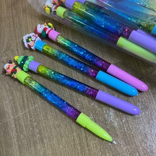 Caneta Temática de Natal com Glitter Mágico e Topo 3D Papelaria Fofa