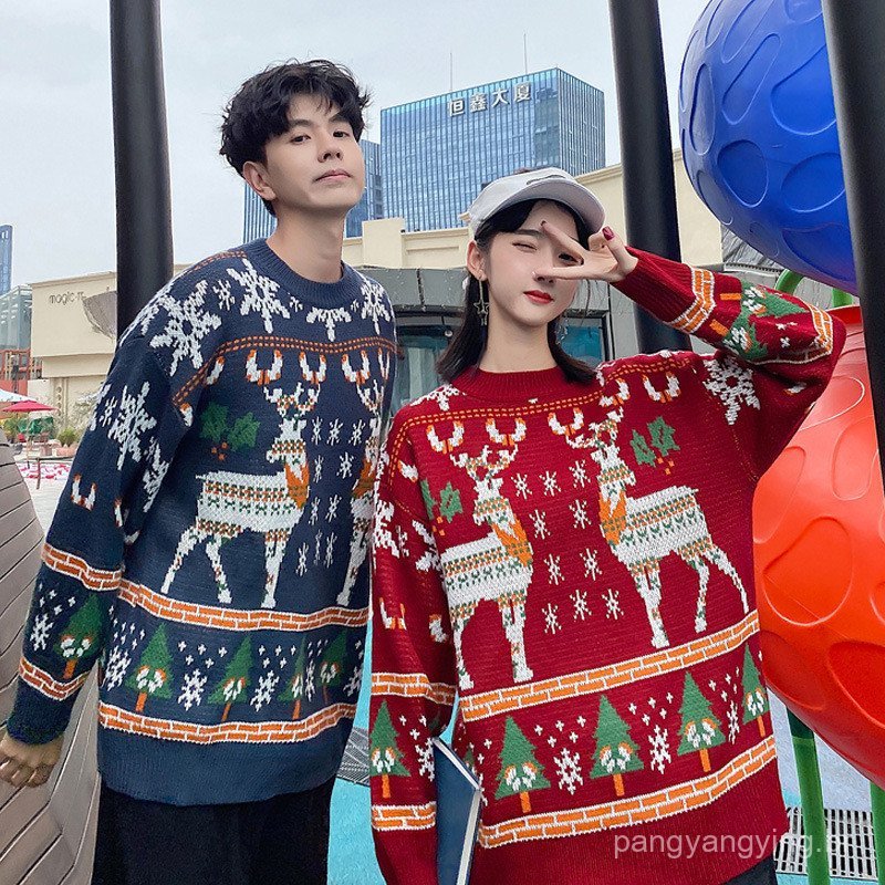 Conjunto de Casal Estilo de Rua de Natal Suéter de Estilo Preguiçoso com Rena Roupa de Inverno Super Popular Ajuste Solt