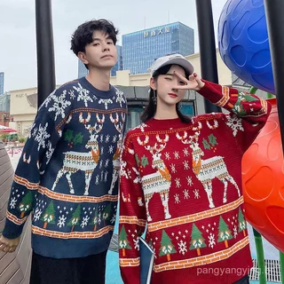 Conjunto de Casal Estilo de Rua de Natal Suéter de Estilo Preguiçoso com Rena Roupa de Inverno Super Popular Ajuste Solt