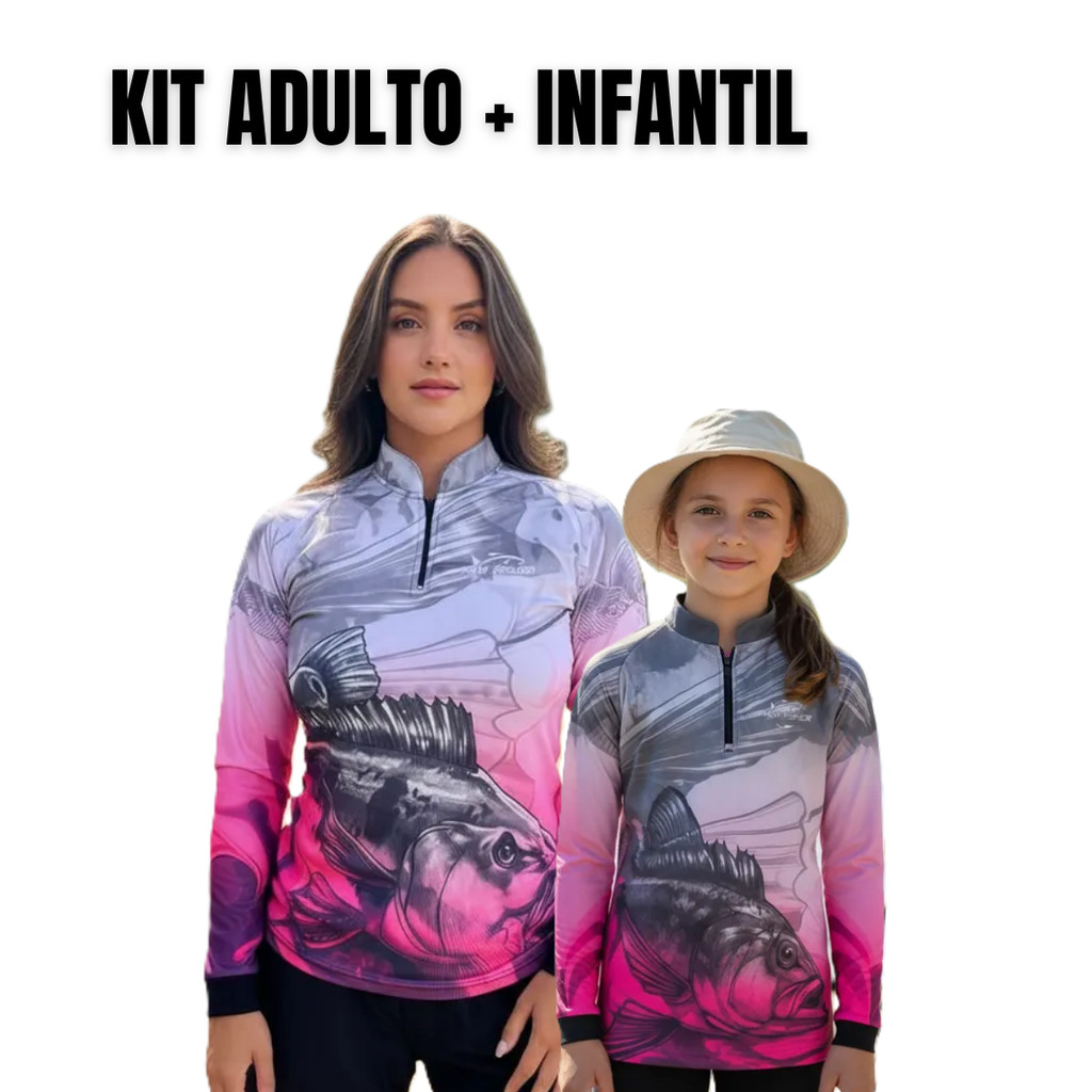 Kit Camisa Blusa de Pesca UV50 Adulto e Infantil Tucunare Rosa Pink Mãe ...