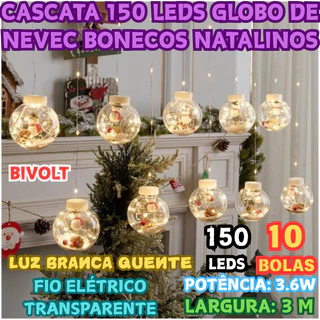 Cortina 150 Leds 3 Metros 10 Bolas Globo De Neve Branco Quente Figuras Natalinas De Natal em Oferta na Shopee